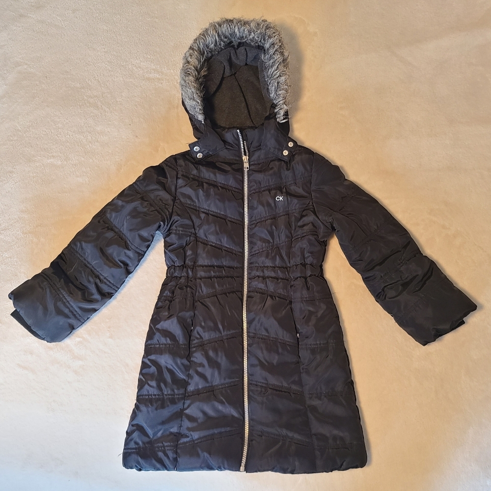 Calvin Klein Girls 6x Black Puffer Coat with Faux Fur Hood